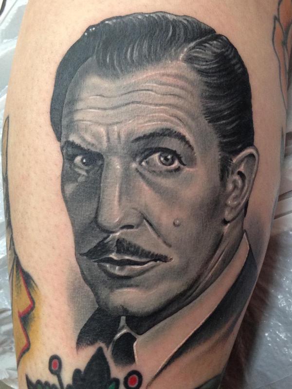 black and gray Vincent Price portrait tattoo by Nate Beavers Tattoos